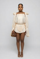 Women's cream off-shoulder puff sleeve ruched sheer mini dress
