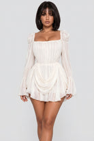 Women's cream off-shoulder puff sleeve mini dress - front