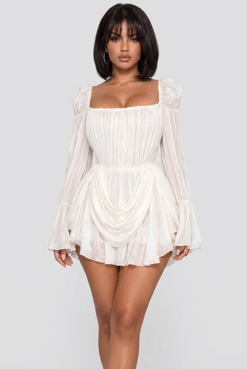 Women's cream off-shoulder puff sleeve mini dress - front