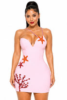 Women's pink coral applique strappy back bodycon mini dress