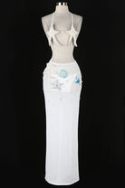 Women's white rhinestone bikini top and sheer skirt set - front