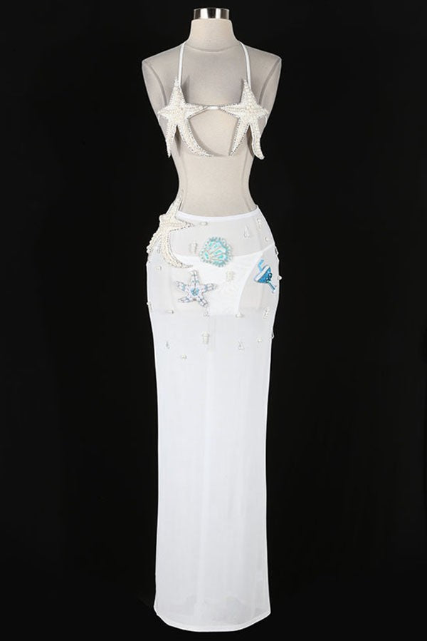 Women's white rhinestone bikini top and sheer skirt set - front