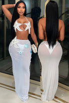 Women's white rhinestone bikini top and sheer maxi skirt set