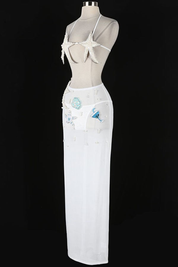 Women's white rhinestone bikini top and sheer skirt set - side