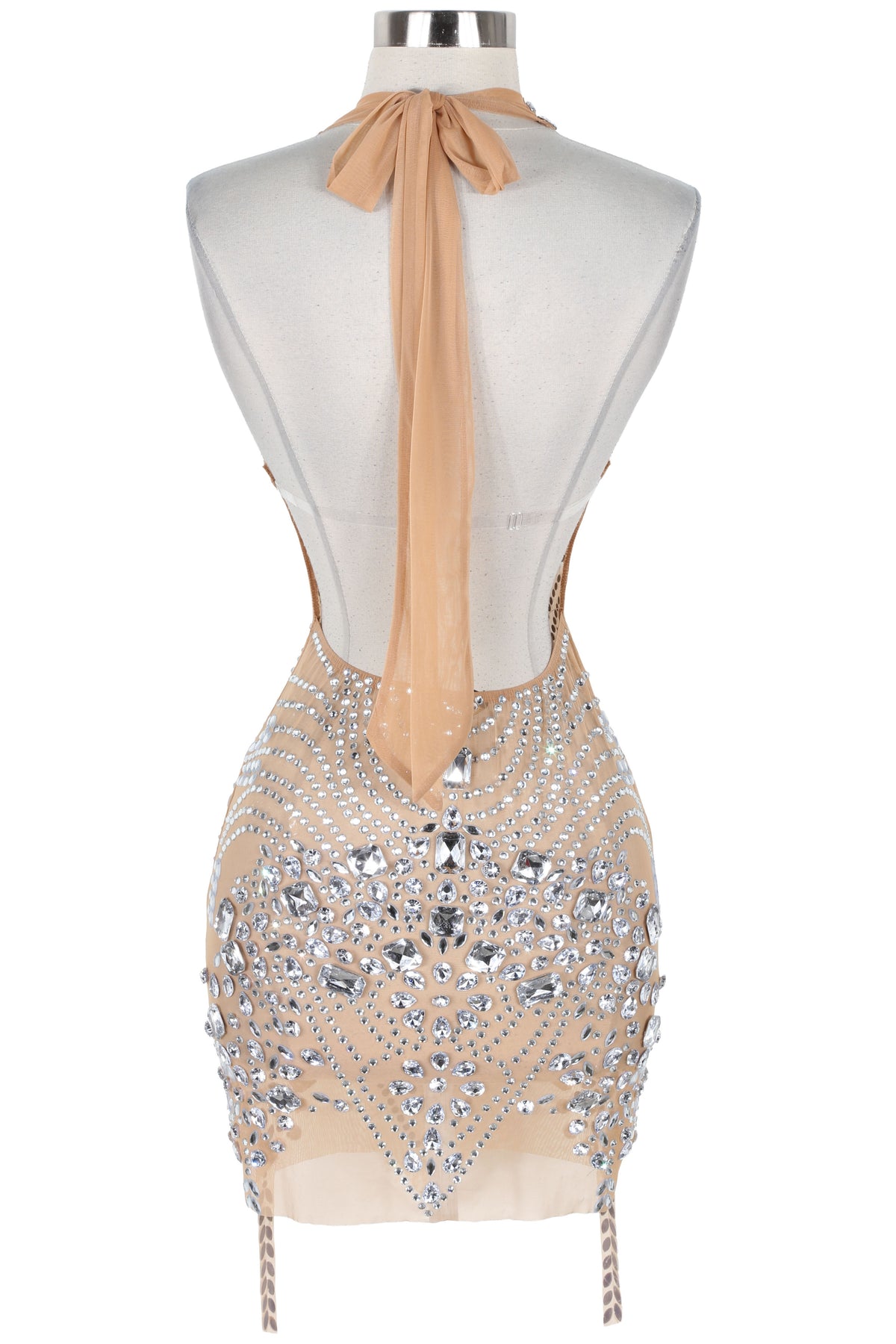 Women's nude rhinestone halter mini dress - back