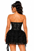 Women's black lace corset ruffle mini dress - back