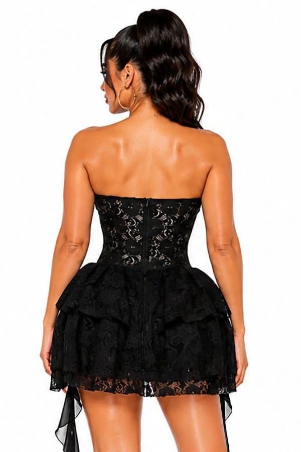 Women's black lace corset ruffle mini dress - back