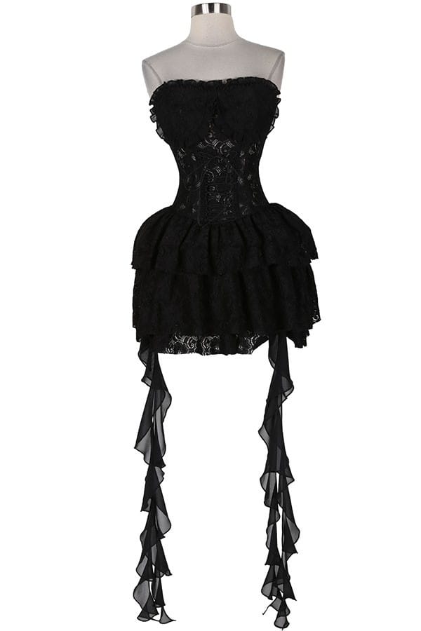 Women's black lace corset ruffle mini dress - detail