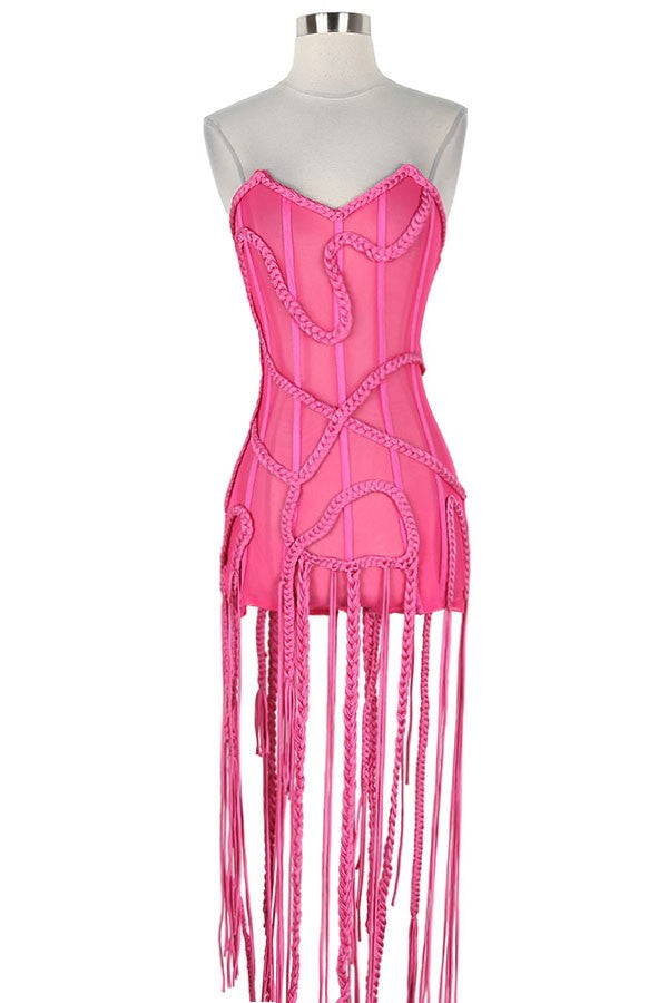 Women's hot pink strapless corset tassel mini dress - front