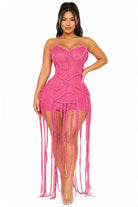 Women's hot pink strapless braided corset sheer mesh tassel mini dress