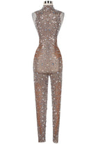 Women's nude rhinestone sheer mesh jumpsuit - front