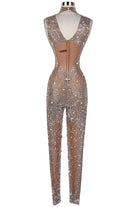 Women's nude rhinestone sheer mesh jumpsuit - side