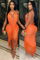 Women's orange plunge halter fringe trim mini dress