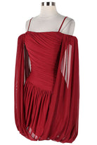 Women's burgundy off-shoulder draped sleeve mini dress - side