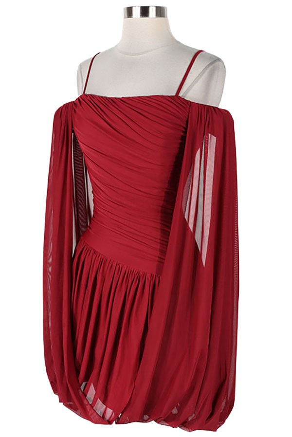 Women's burgundy off-shoulder draped sleeve mini dress - side