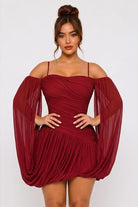 Women's burgundy off-shoulder ruched draped sleeve mini dress