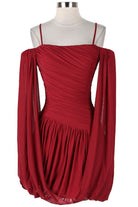 Women's burgundy off-shoulder draped sleeve mini dress - front