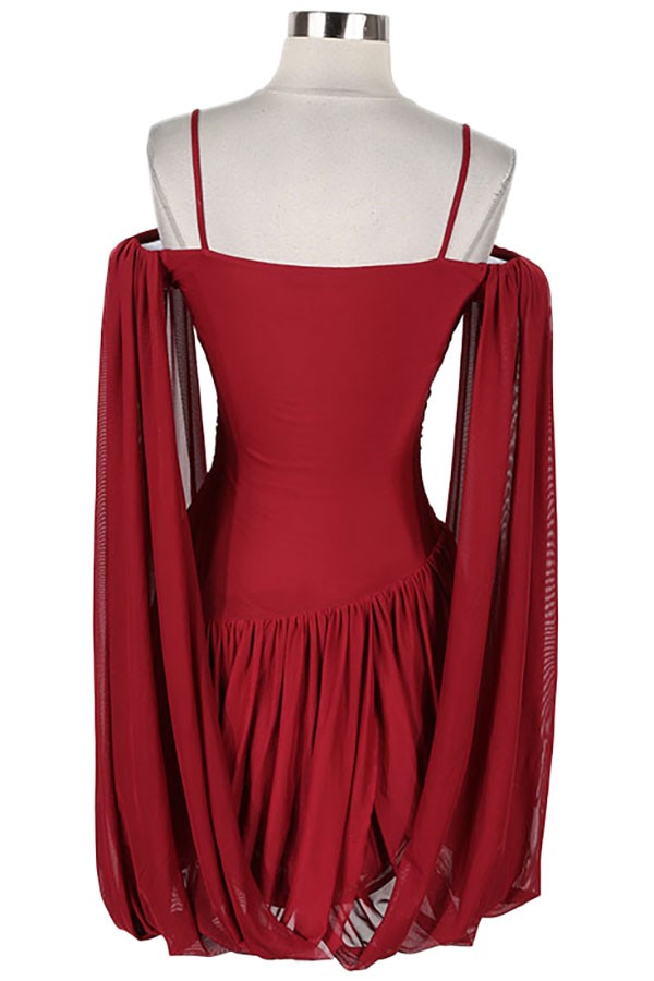 Women's burgundy off-shoulder draped sleeve mini dress - back