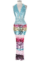 Women's blue sequin halter fringe maxi dress - front