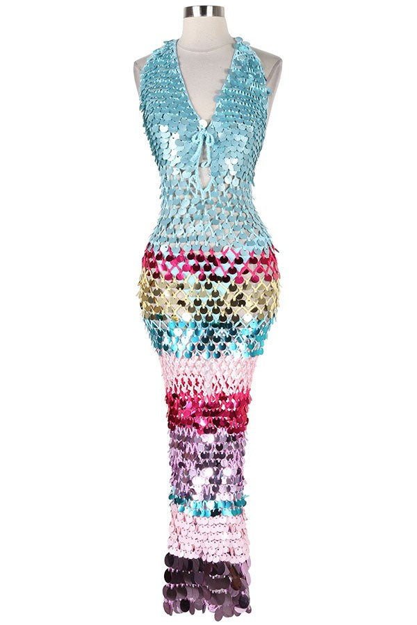 Women's blue sequin halter fringe maxi dress - front