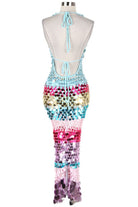 Women's blue sequin halter fringe maxi dress - back
