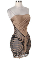Women's mocha strapless corset fringe mini dress - back