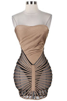 Women's mocha strapless corset fringe mini dress - front