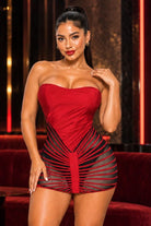 Women's red strapless sweetheart corset fringe ruched mini dress