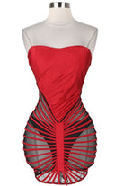 Women's red strapless corset fringe mini dress - front