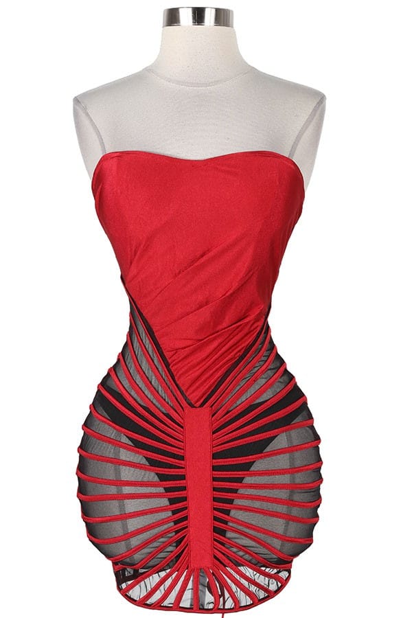 Women's red strapless corset fringe mini dress - front