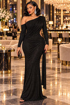 Women's black one-shoulder draped sleeve maxi dress with slit