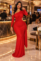 Women's red one-shoulder draped sleeve maxi dress with slit