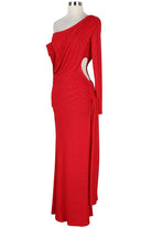 Women's red one-shoulder draped sleeve maxi dress - side