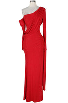 Women's red one-shoulder draped sleeve maxi dress - front