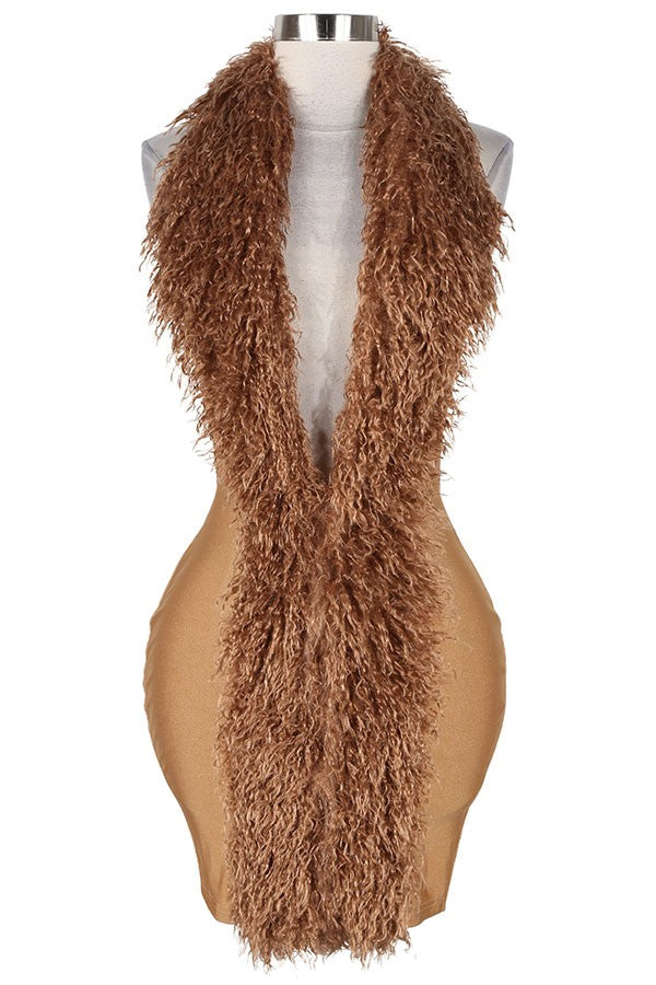 Women's gold faux fur trim plunge mini dress - back