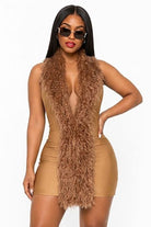 Women's gold faux fur trim plunge v-neck sleeveless mini dress