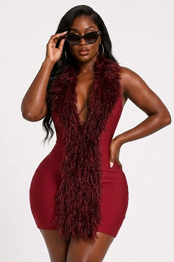 Women's burgundy faux fur trim plunge v-neck sleeveless mini dress