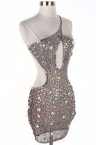 Women's nude rhinestone asymmetric cut-out mini dress - side