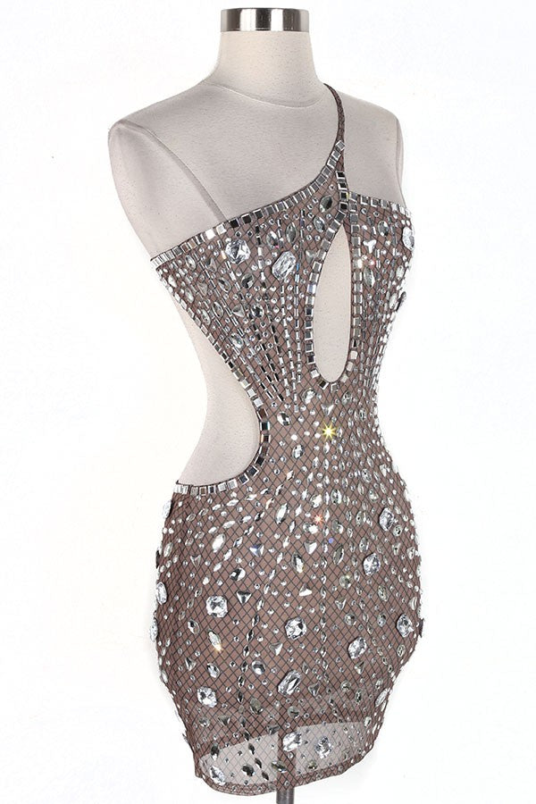 Women's nude rhinestone asymmetric cut-out mini dress - side