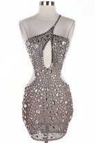 Women's nude rhinestone asymmetric cut-out mini dress - front