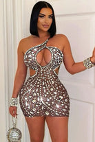 Women's nude rhinestone asymmetric cut-out sheer mesh mini dress