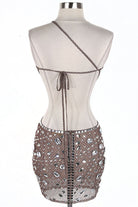 Women's nude rhinestone asymmetric cut-out mini dress - back