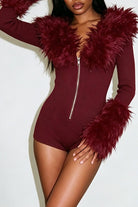 Women's ribbed knit zip-up romper with faux fur trim
