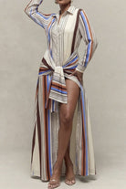 Women's vertical stripe front tie maxi dress