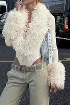 Women's faux fur collar and cuff long sleeve bodysuit