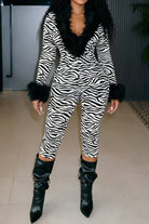 Women's faux fur trim deep V capri jumpsuit