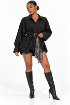 Women's oversized button-down shirt with scarf waist detail