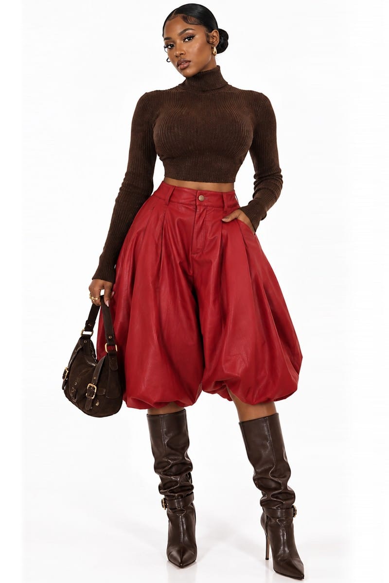 Women's red faux leather balloon hem pants