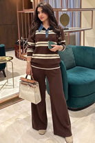 Women's denim collar knit sweater and wide leg pants set