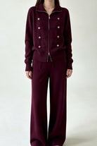 Women's gold button knit zip-up jacket and wide leg pants set